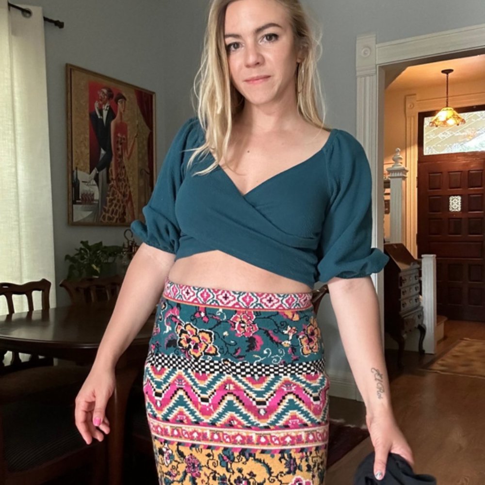 NWT Maeve Cross-Front Puff-Sleeve Top in Slate (Dark Teal), XXS